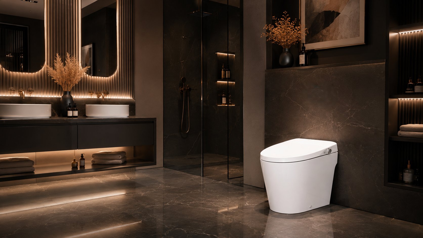 Cetio tankless smart toilet in a modern black and gold bathroom